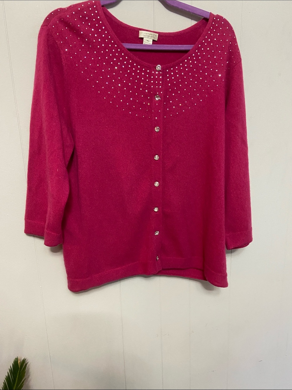 Investments Hot Pink Crystal-Accent cashmere Cardigan one hole size XL